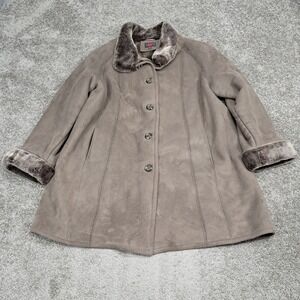 Gallery Woman Taupe Faux Suede Shearling Fur Trim Coat Plus Size 2X 2XL